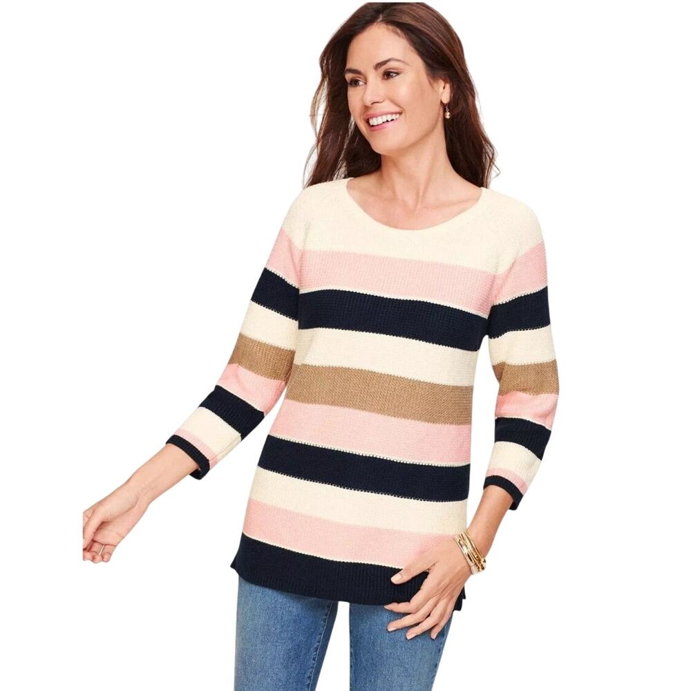 Talbots Riviera Stripe Pima Cotton Sweater Ivory Pink 3/4 Sleeve Women’s Size M